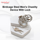 Birdcage steel men's chastity device with lock on a white surface, featuring the brand 'it's pleaZure'.